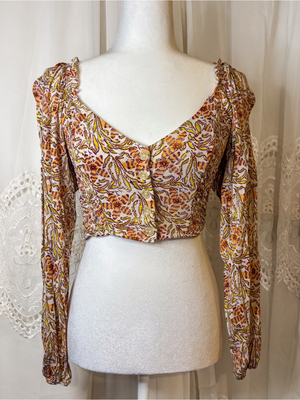 Urban Outfitters Floral Smocked Long Sleeve Crop Top Size S